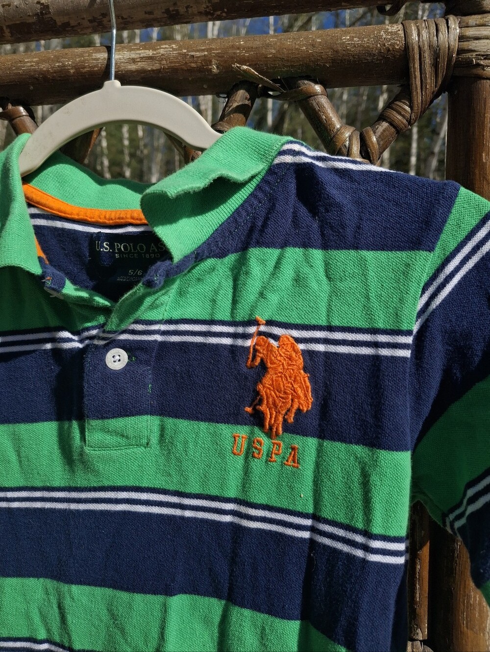 U.S. Polo Assn. Green, Navy & White Striped Polo with Orange Logo